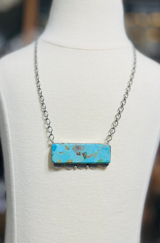 Artist Tia Long - Navajo Handmade Kingman Turquoise Bar Necklace 0469