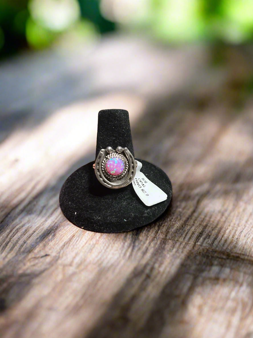 Artist - Alice Rose Navajo Handmade Pink Opal Horseshoe Ring - Size 9