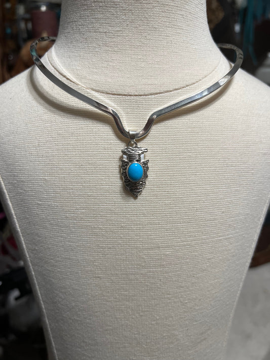 Artist -June Degarito / Navajo Handmade Kingman Turquoise Pendant -Sterling Silver Arrow Head 0311