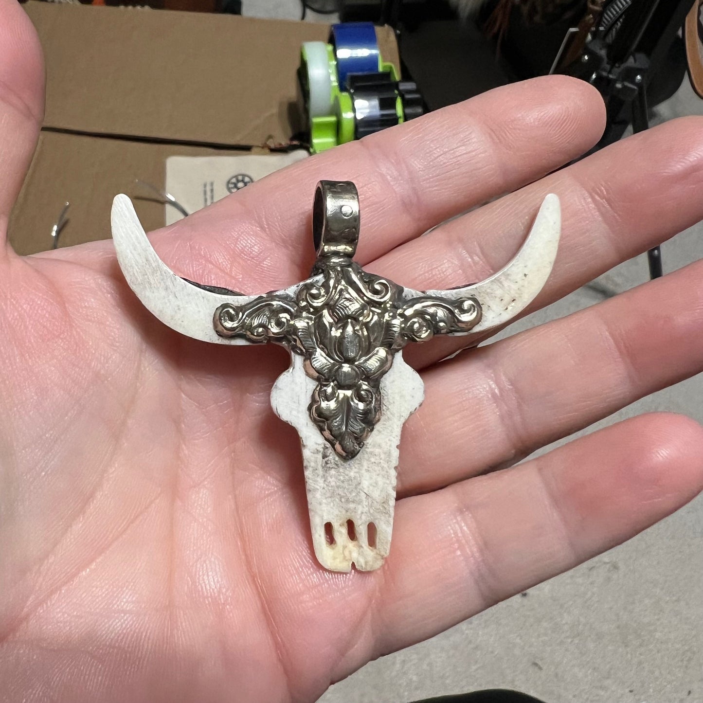Bullhead Bone and Turquoise Pendant Tibetan Silver