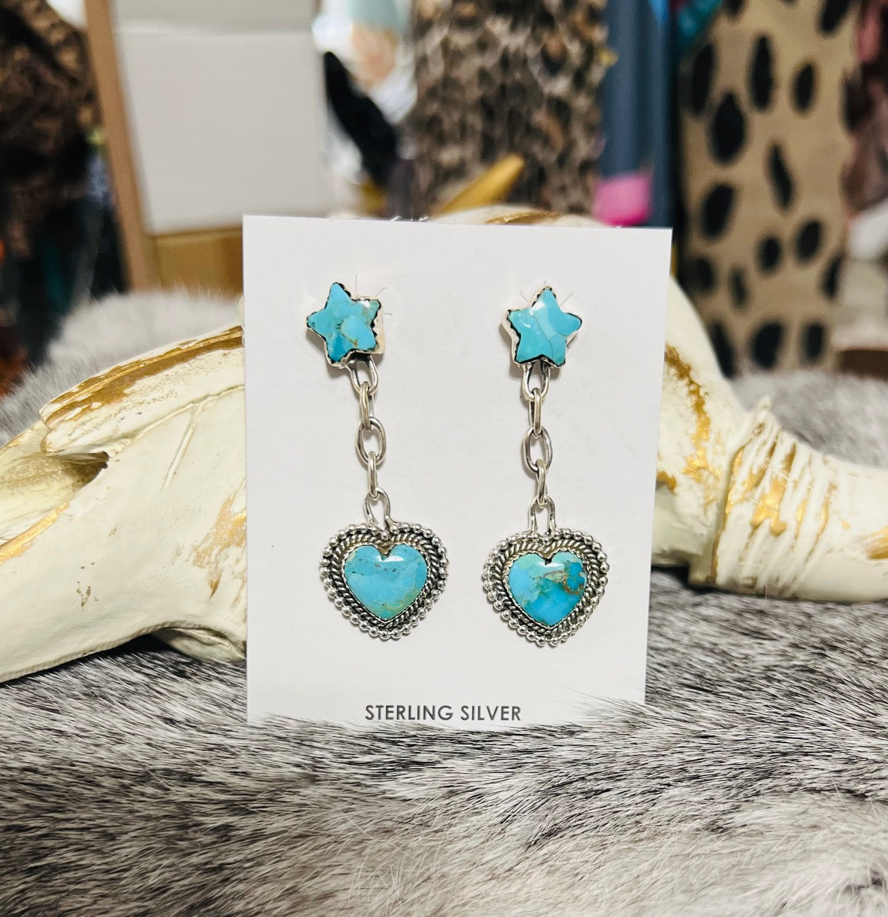 HADA Collection - Sterling Silver Kingman Turquoise Heart Dangle Post Back Earrings