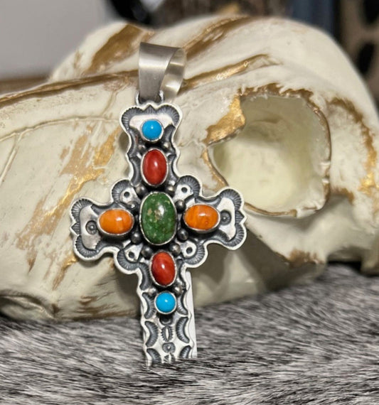 Artist - June Delgarito Navajo Handmade Multi Stone Cross Pendant - Multi 0307