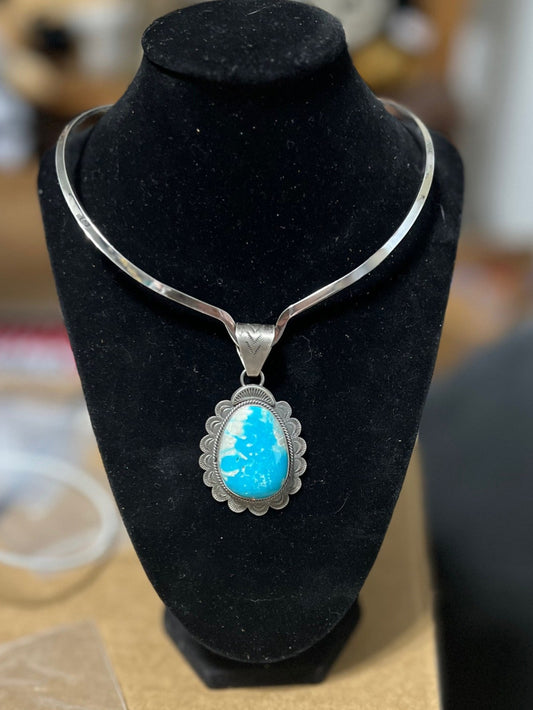 Artist - Greg Perry Handmade Navajo Kingman Genuine Turquoise Pendant / Stamped and Signed 0304