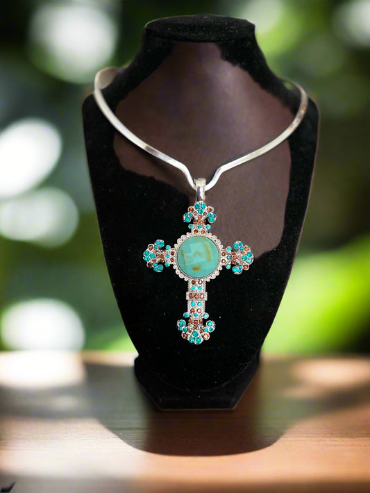 Fashion Inspired Citrine and Aquamarine Glitz Cross Pendant 0331