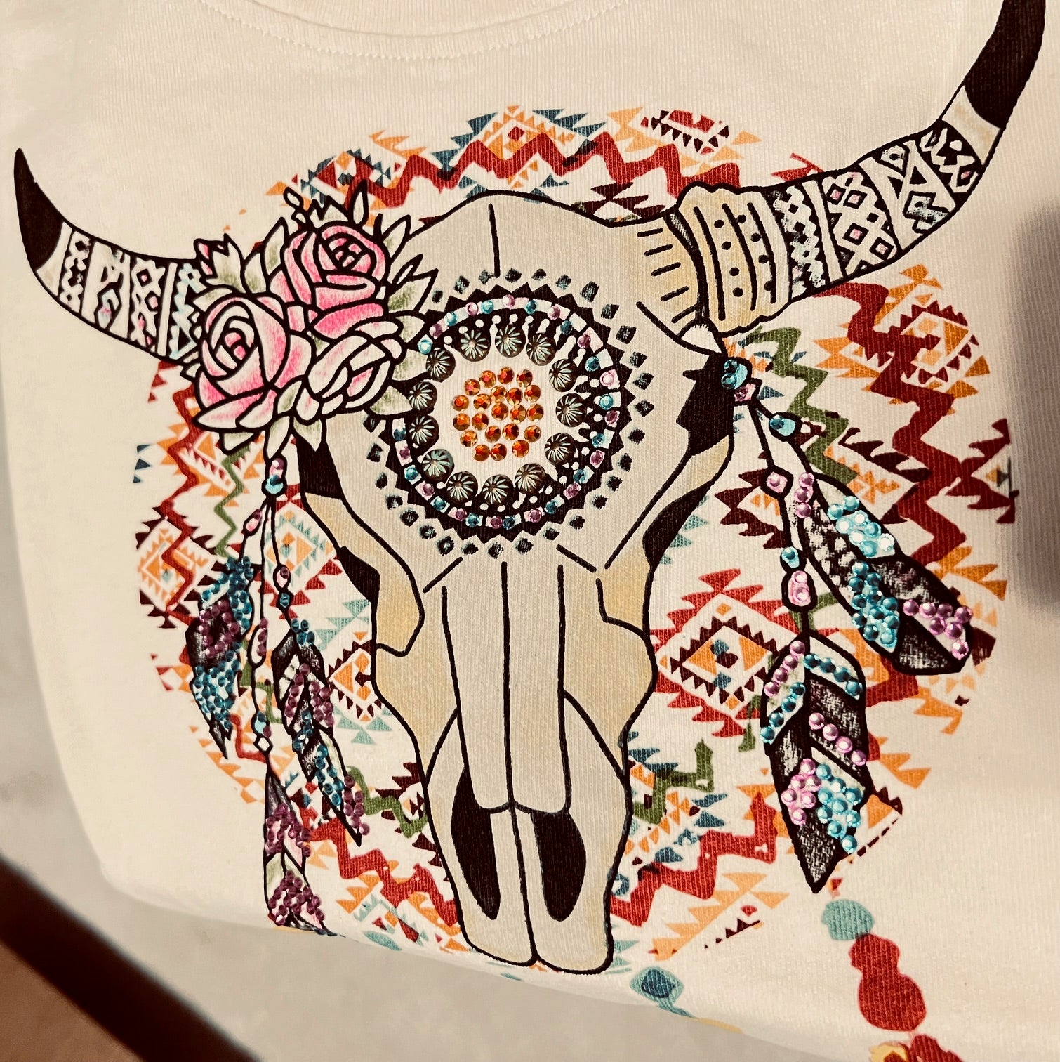 American Bling Retro Ox and Aztec with Rhinestone Decoration Women Short Sleeve T-Shirt CedarHill Country Market