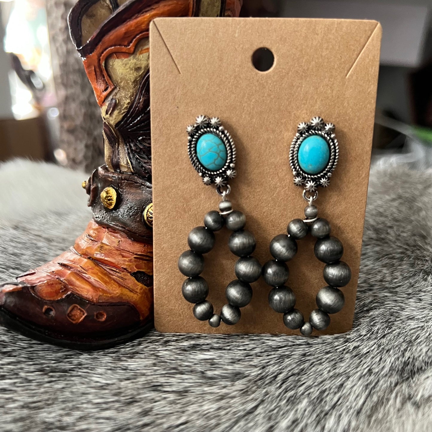 Fashion Turquoise Post Backs with Inspired Navajo Pearl Dangle Earrings