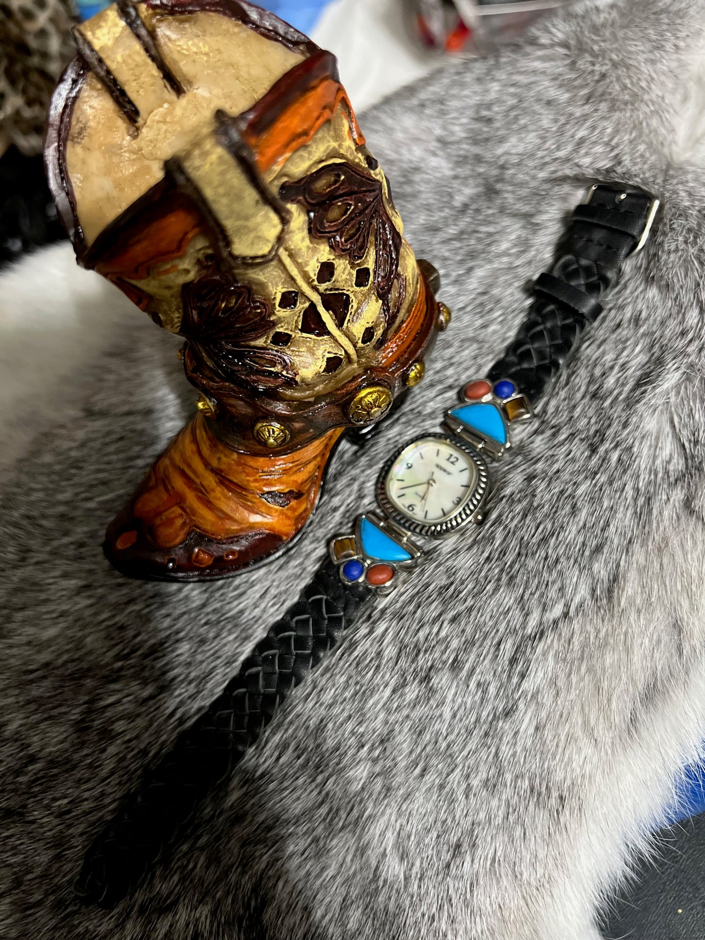 Appear Watch Women 26mm Silver Tone MOP Blue Red Stone Southwest New Battery