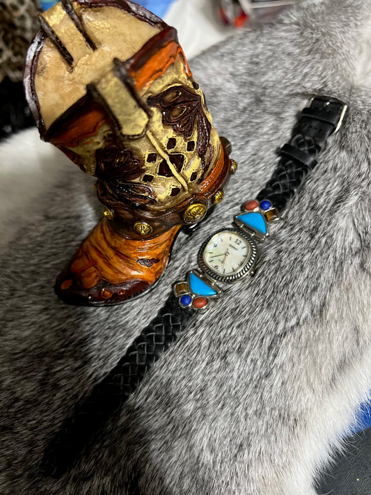 Appear Watch Women 26mm Silver Tone MOP Blue Red Stone Southwest New Battery 1582