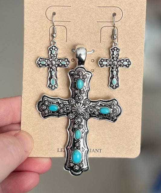 Silver Fashion Cross Pendants with Earrings (Multi) 0369