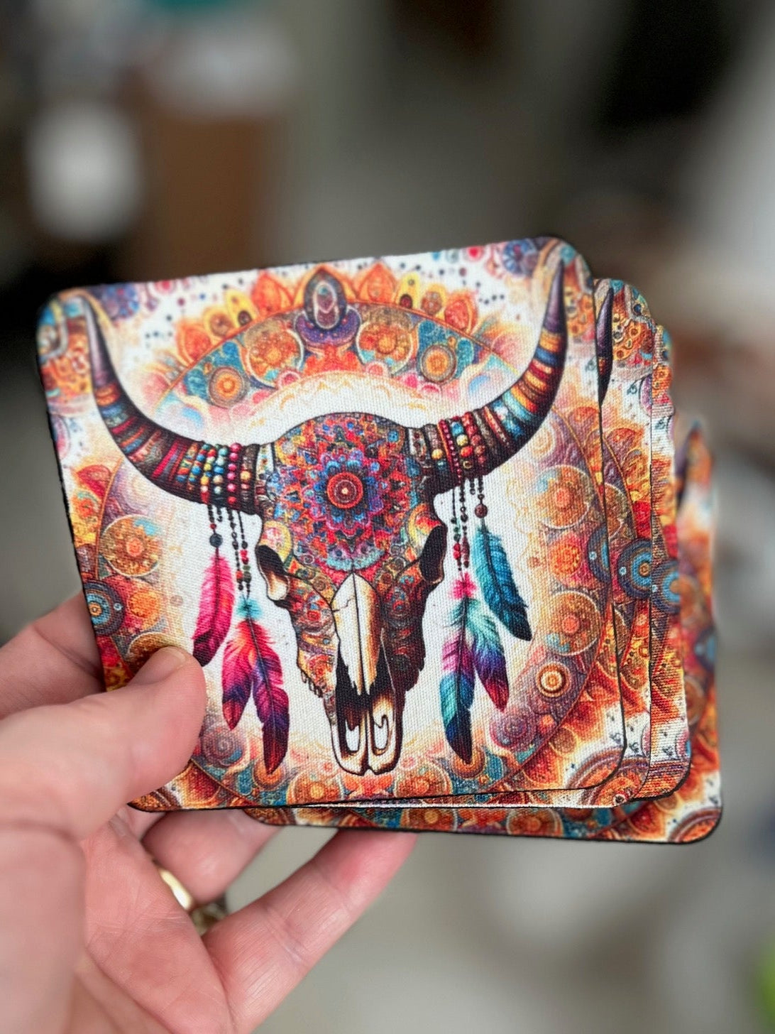 BoHo Bull Square Neoprene Coasters - Set of 4