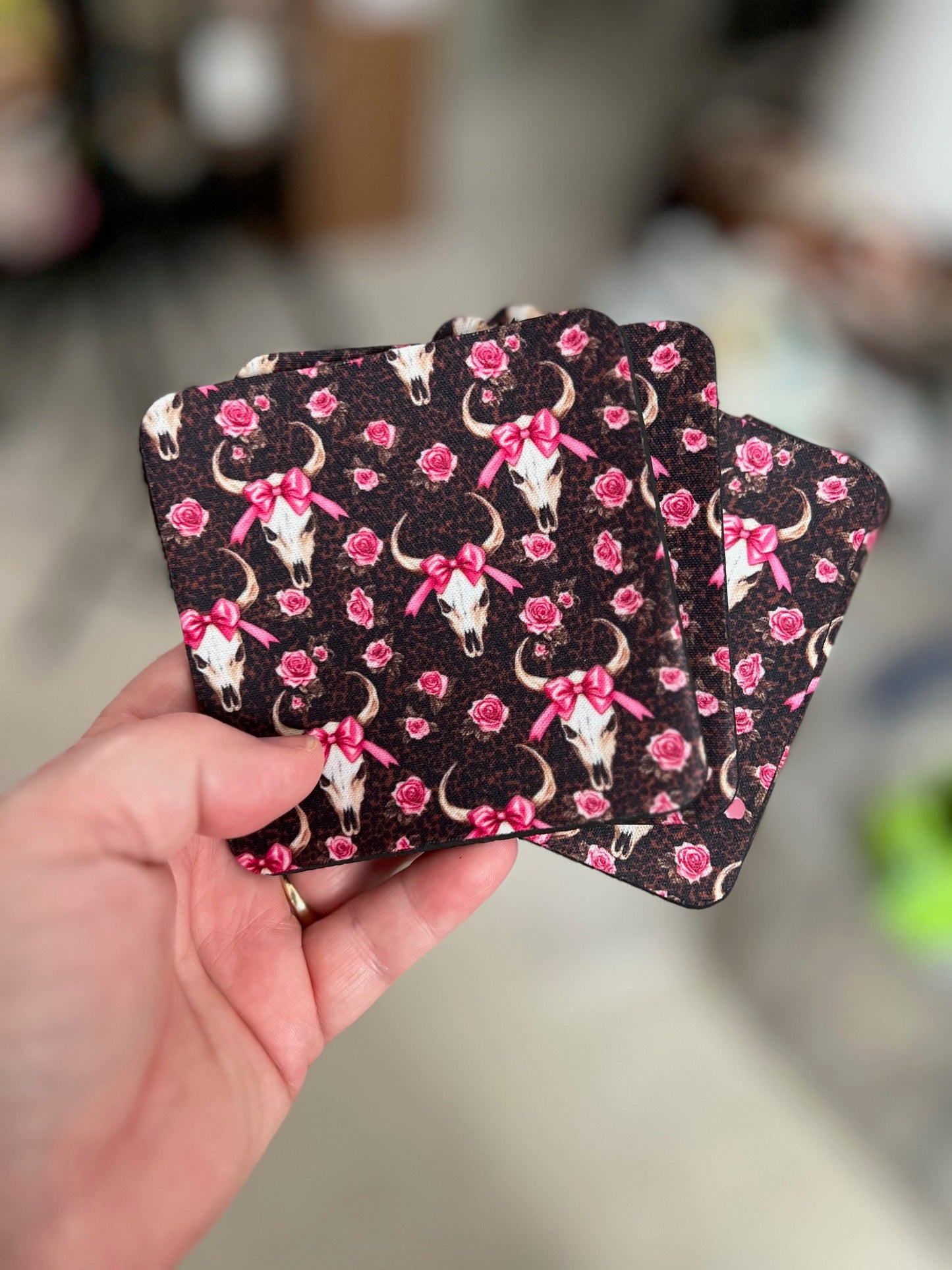 Pink Bow Western Bull Square Neoprene Coasters (Set of 4) 0150