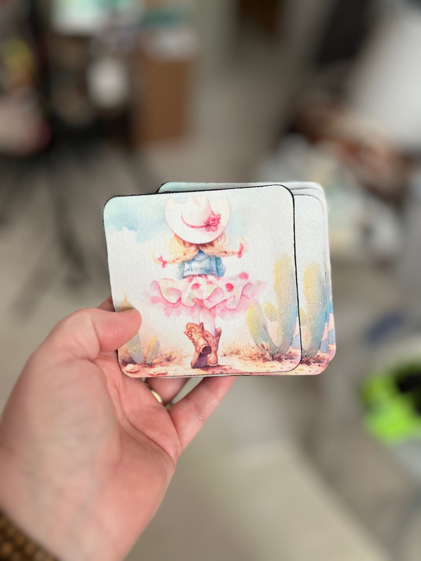 Little Girl Cowgirl in Braids Square Neoprene Coasters (Set of 4) 0148