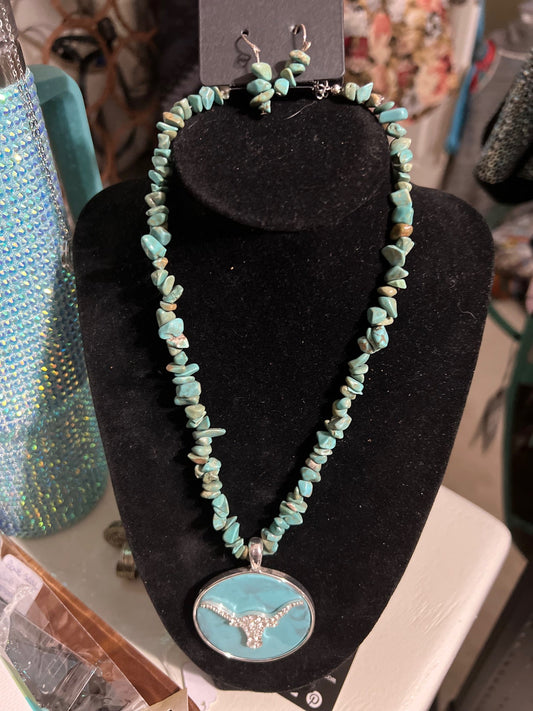 Turquoise Fashion Chunky Bullhead Necklace and Earring Set Cedar Hill Country Market