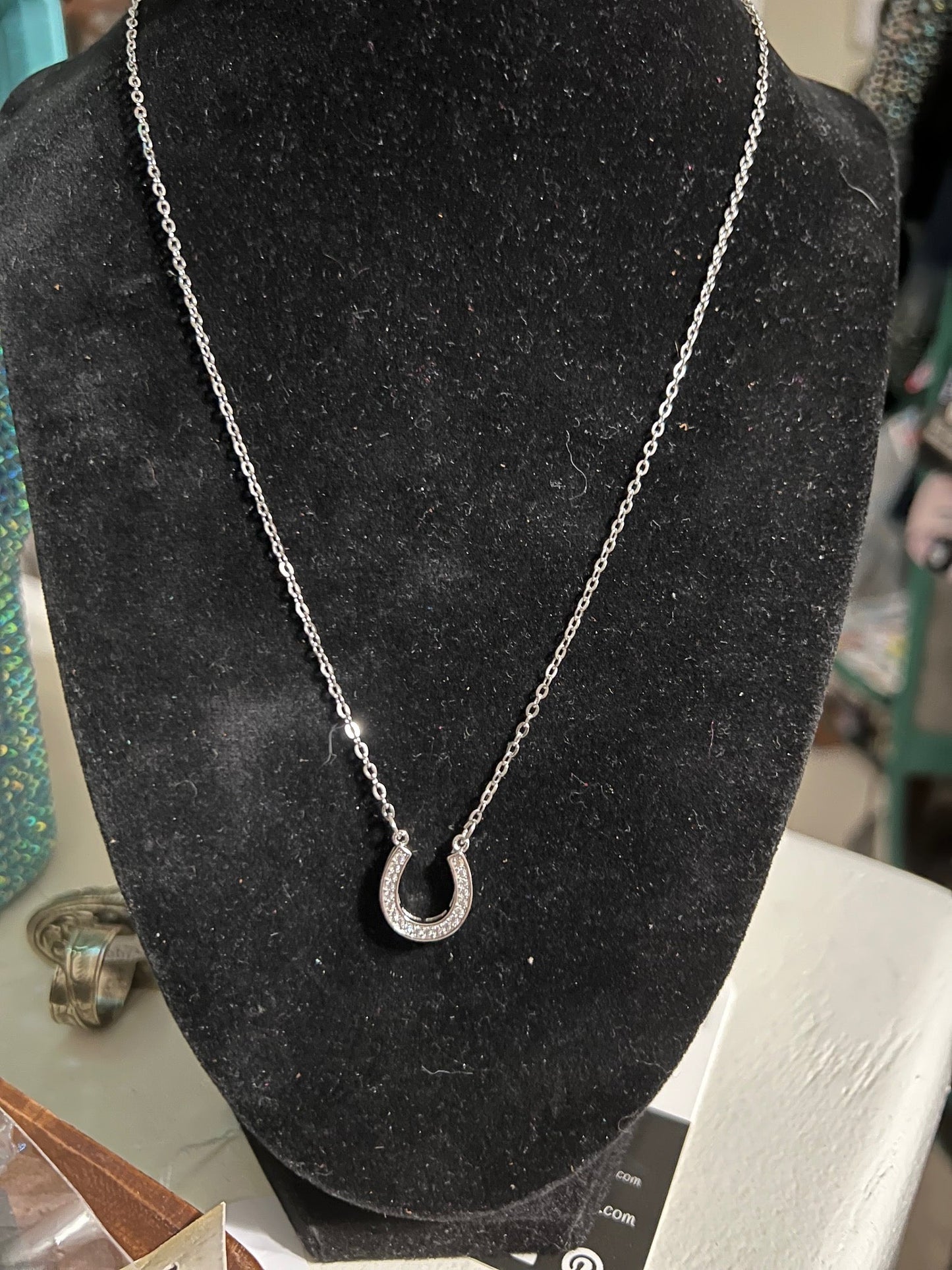 Crystal Silver plated Horseshoe Necklace 18 inch Cedar Hill Country Market