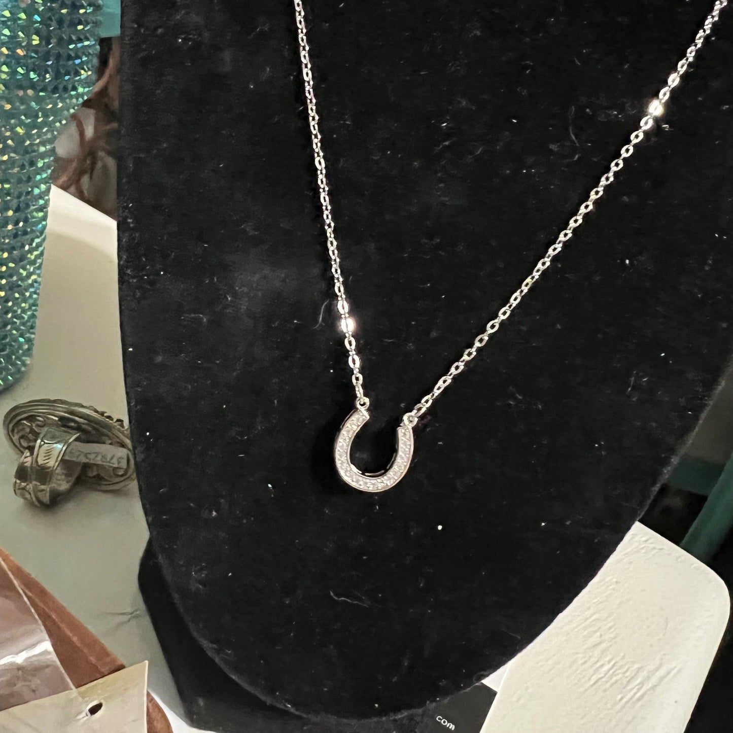 Crystal Silver plated Horseshoe Necklace 18 inch Cedar Hill Country Market