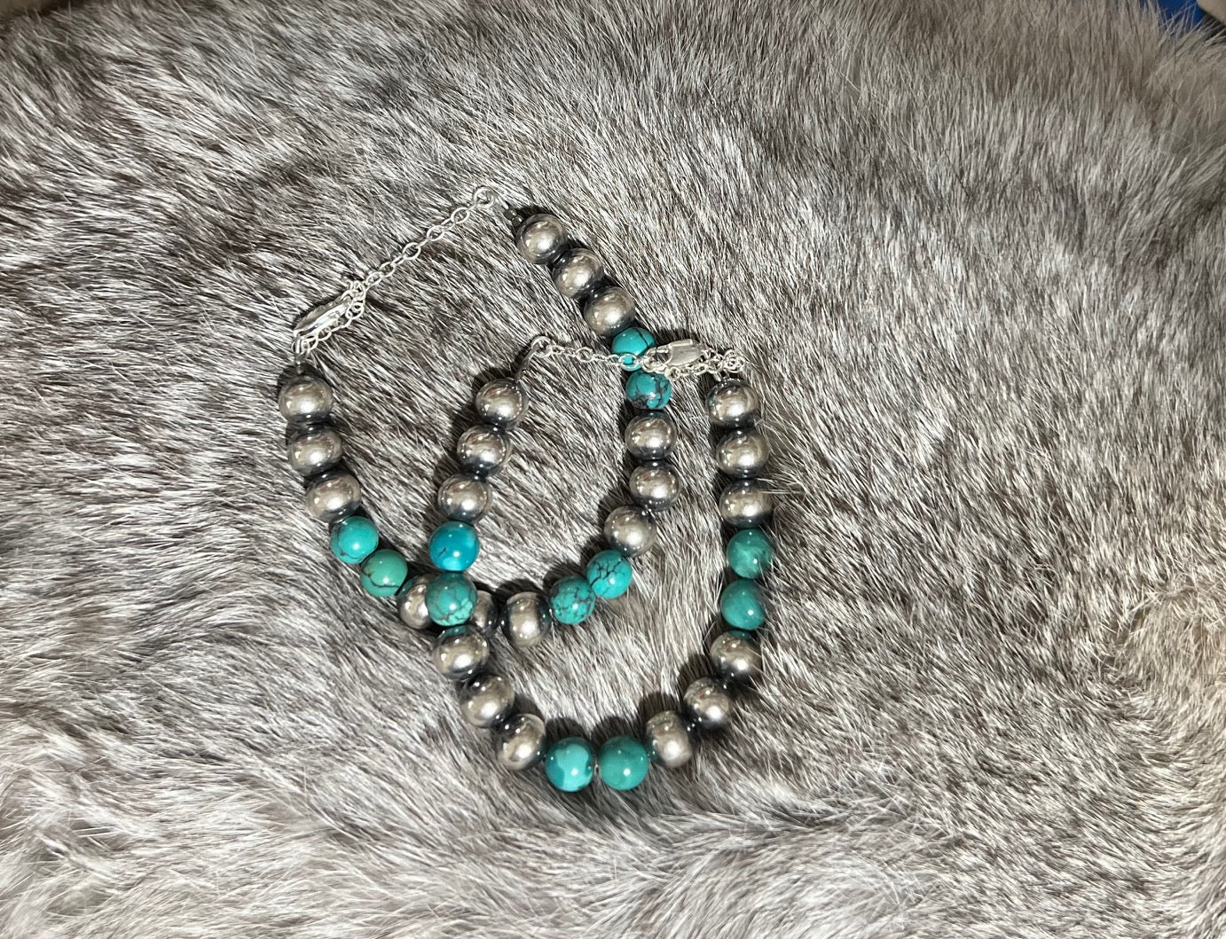 8 mm Sterling Silver Pearls bracelet with turquoise bead Cedar Hill Country Market