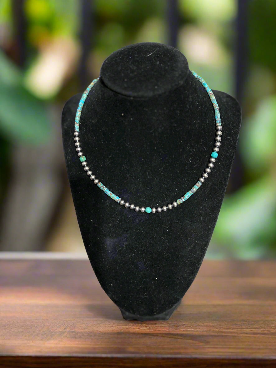 5 mm Sterling Silver Pearls choker with real turquoise - 14 inch Cedar Hill Country Market