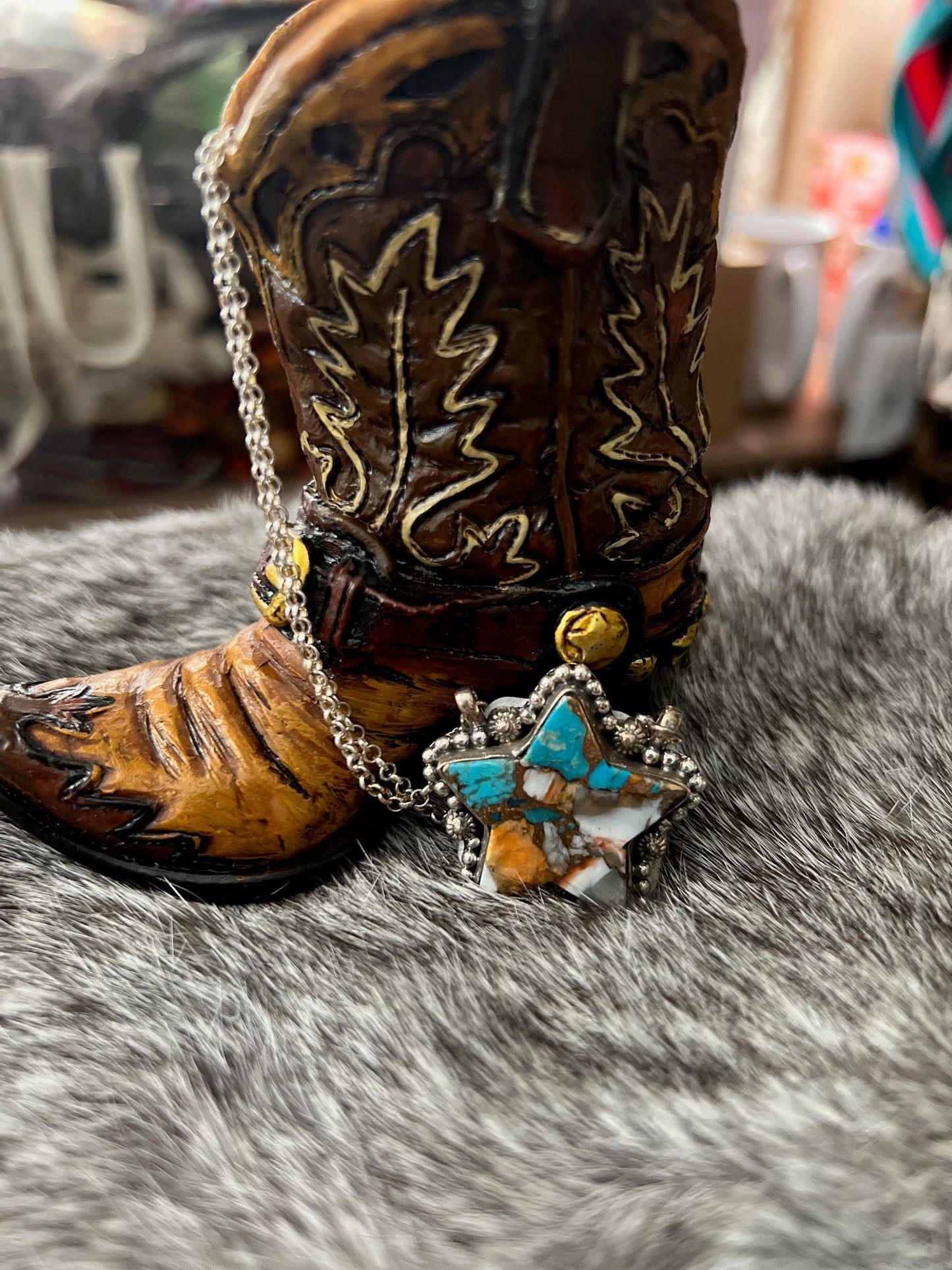 Hada Collection Spiny Star Turquoise Sterling Silver Necklace 18 in Cedar Hill Country Market