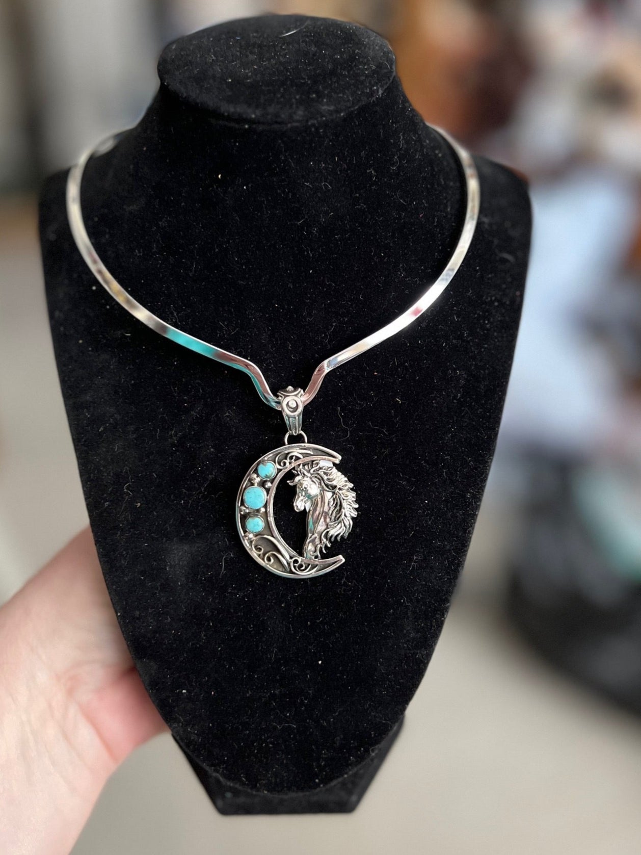 Artist: Arline Lewis Navajo Handmade Turquoise Horse Pendant Cedar Hill Country Market