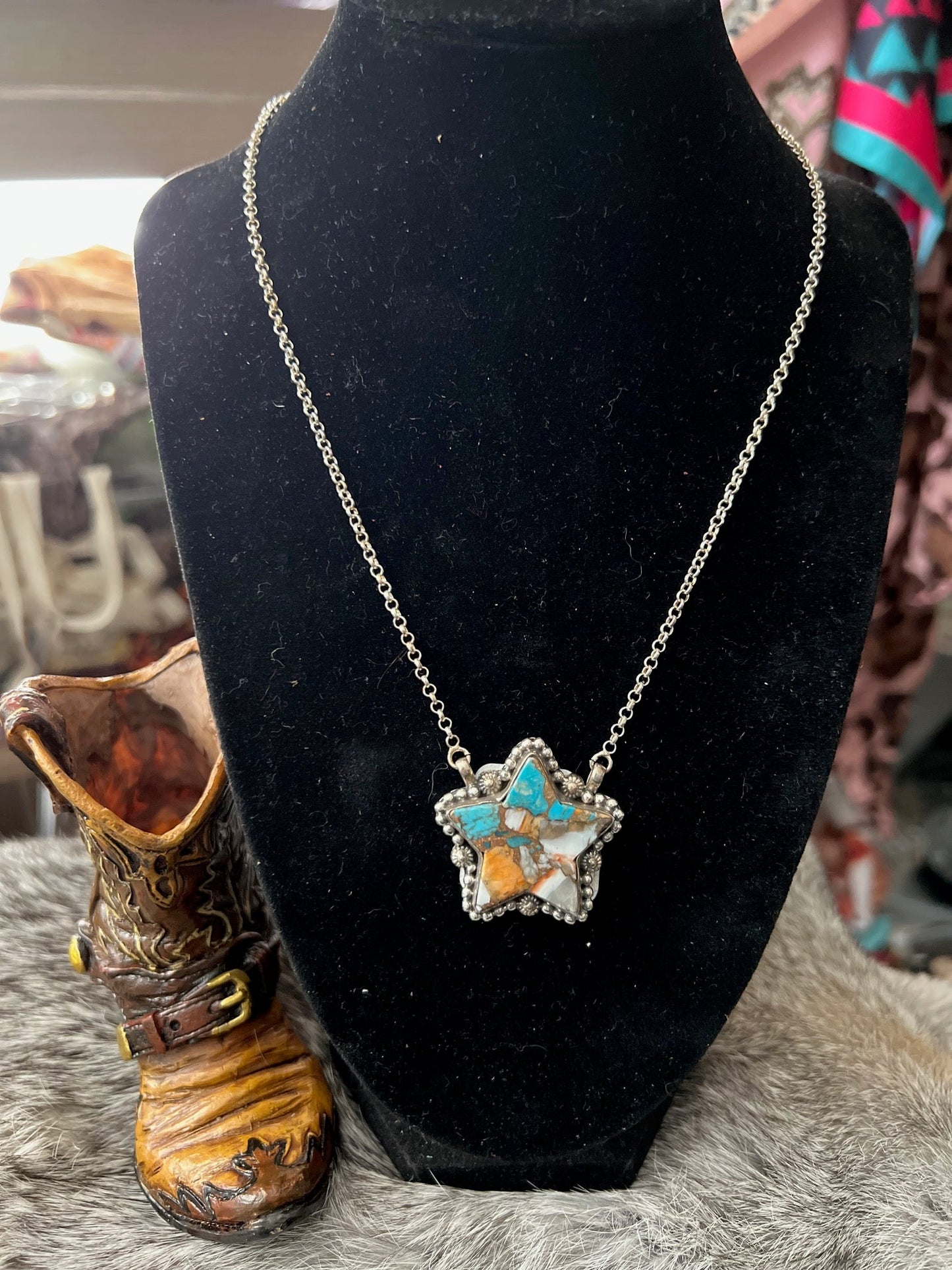 Hada Collection Spiny Star Turquoise Sterling Silver Necklace 18 in Cedar Hill Country Market