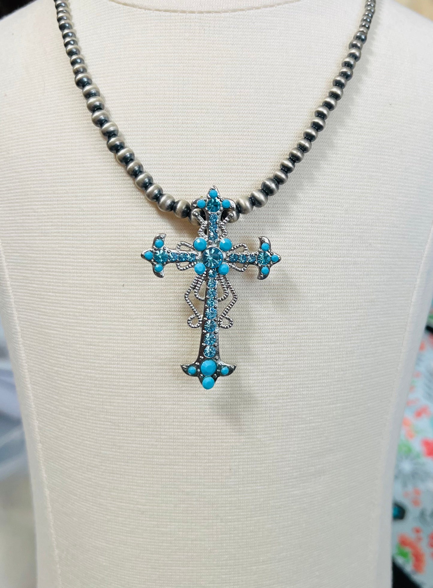Turquoise and Crystal Fashion Cross Pendant - 3 inch Cedar Hill Country Market