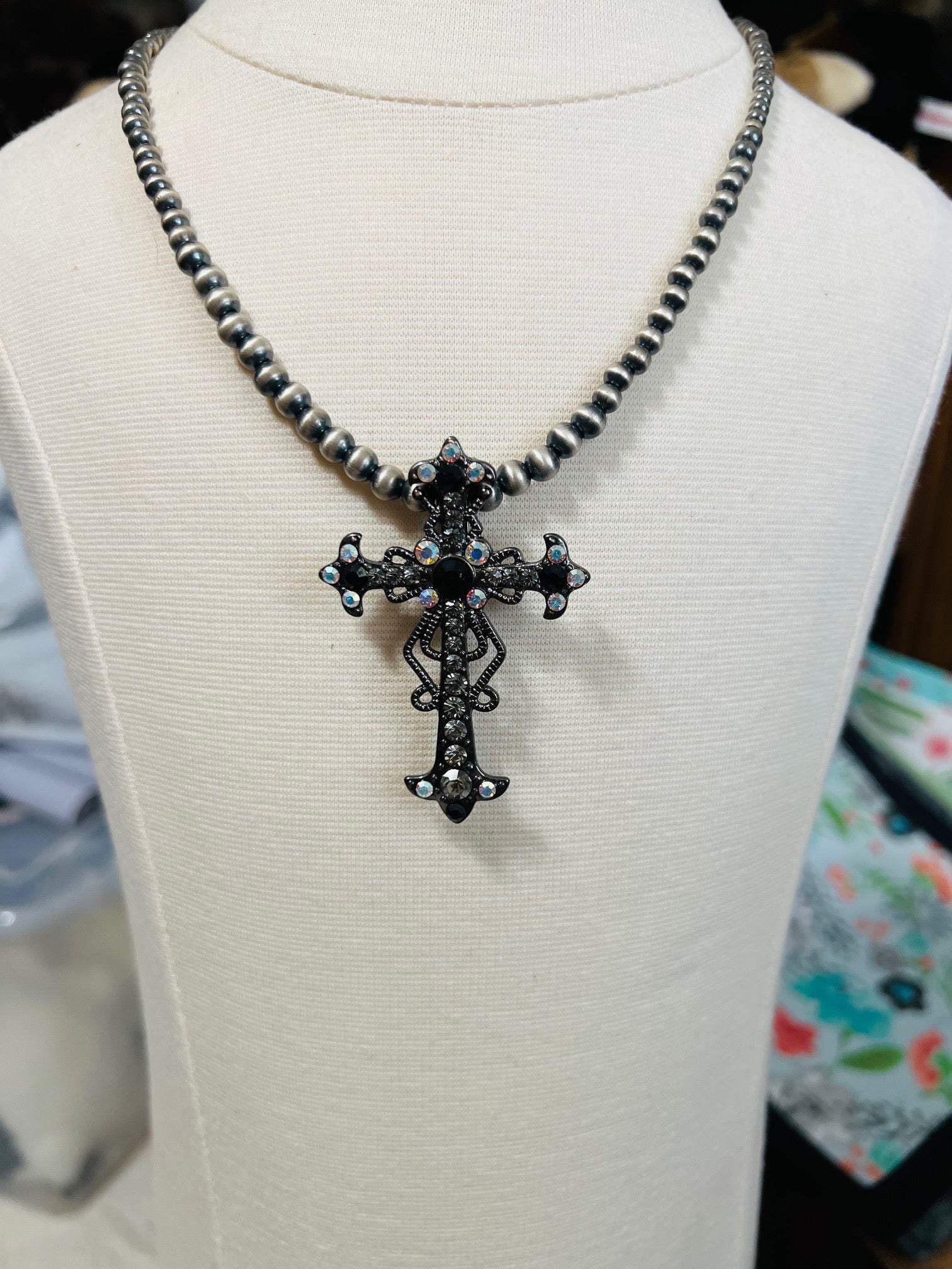 Black Crystal Fashion Cross Pendant - 3 inch Cedar Hill Country Market