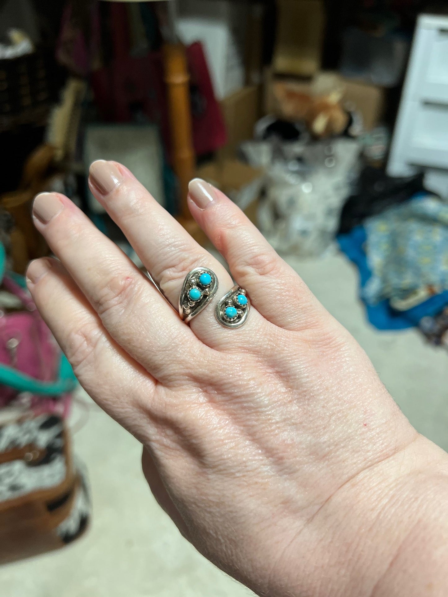 Artist: Genevieve Francisco Navajo Kingman Turquoise Handmade Self Adjustable Ring Cedar Hill Country Market