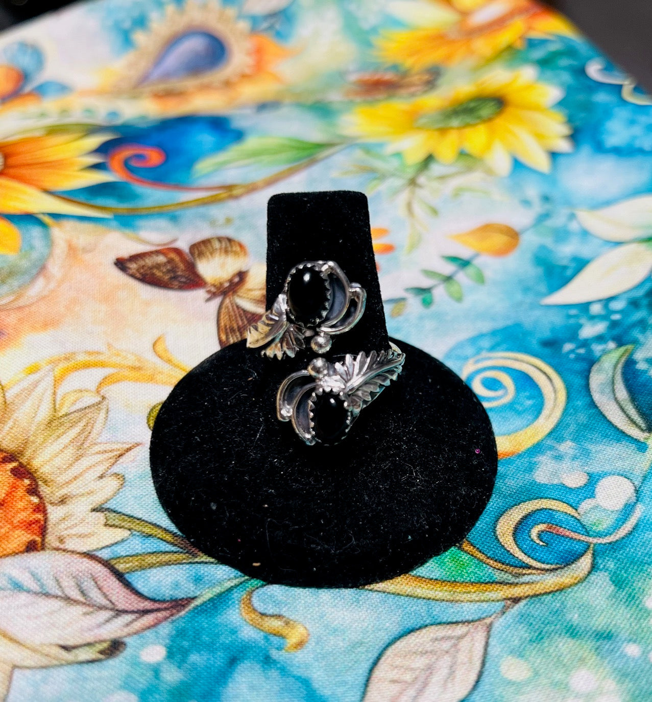 Artist: Etta Belin Navajo Handmade Silver Leaf Black Onyx Self Adjustable Ring Cedar Hill Country Market