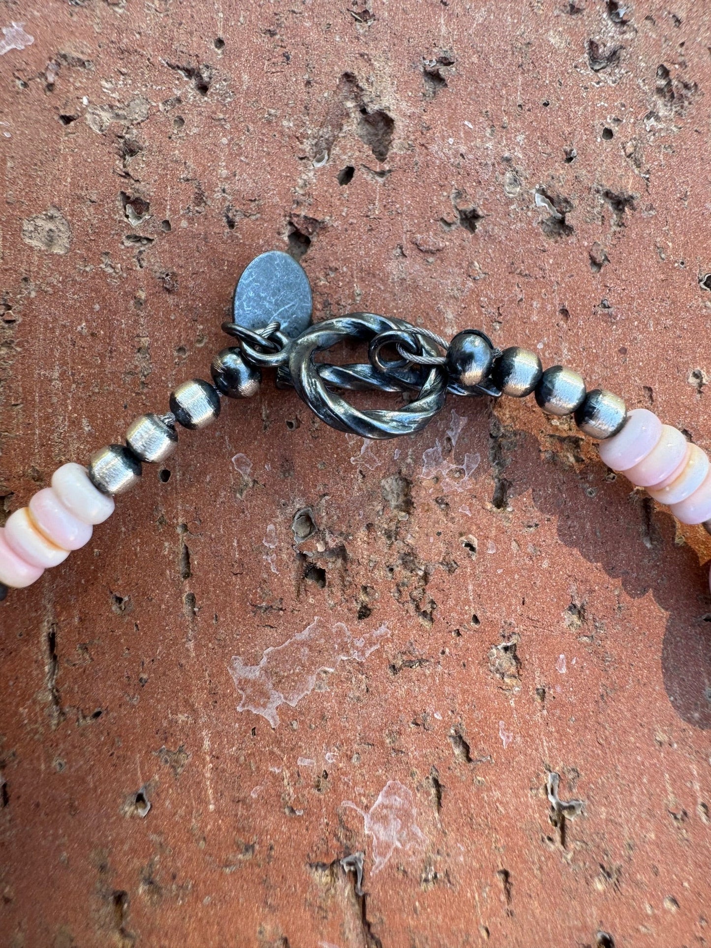 Handcrafted Pink Conch & Sterling Silver 3-5mm Beaded Bracelet 7.5" Nizhoni Traders LLC