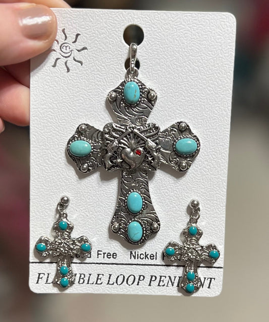 Double Barrel Turquoise Fashion Cross Pendant with Earrings Cedar Hill Country Market