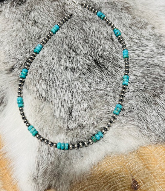 18 Inch 5 mm Sterling Silver Pearls necklace with turquoise rondelle - Blue Cedar Hill Country Market