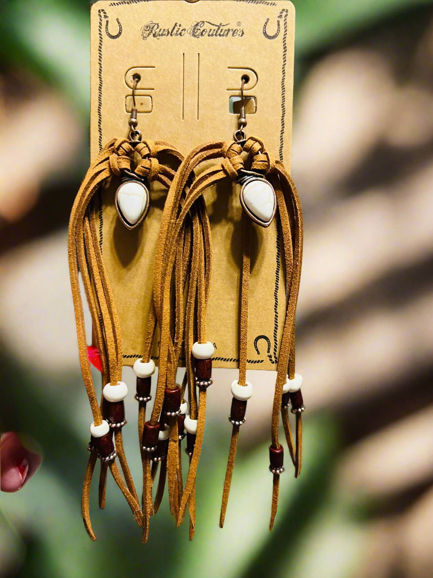 Dark Genuine Leather and Bead Hoop Earrings Cedar Hill Country Market