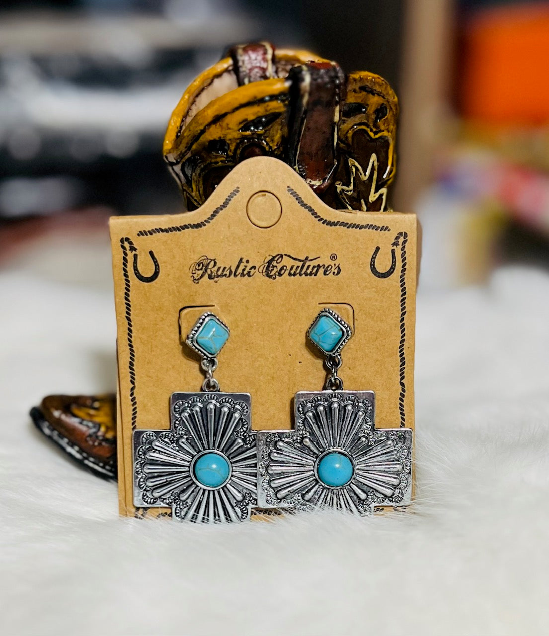 Rustic Couture Southern Cross Fashion Turquoise Stud Back Earrings Cedar Hill Country Market