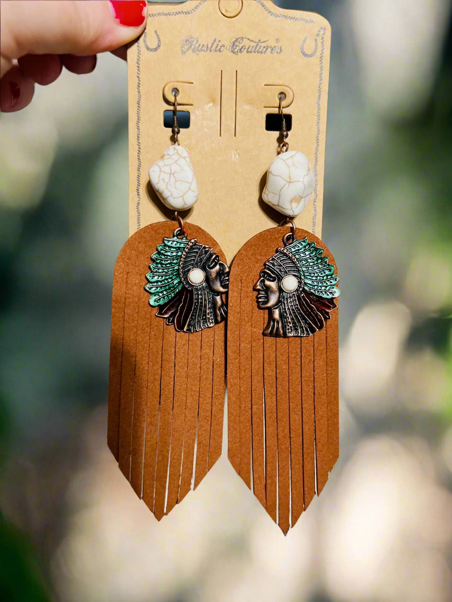 Boho Hippie Genuine Leather & Stone Indian Head Earrings Cedar Hill Country Market