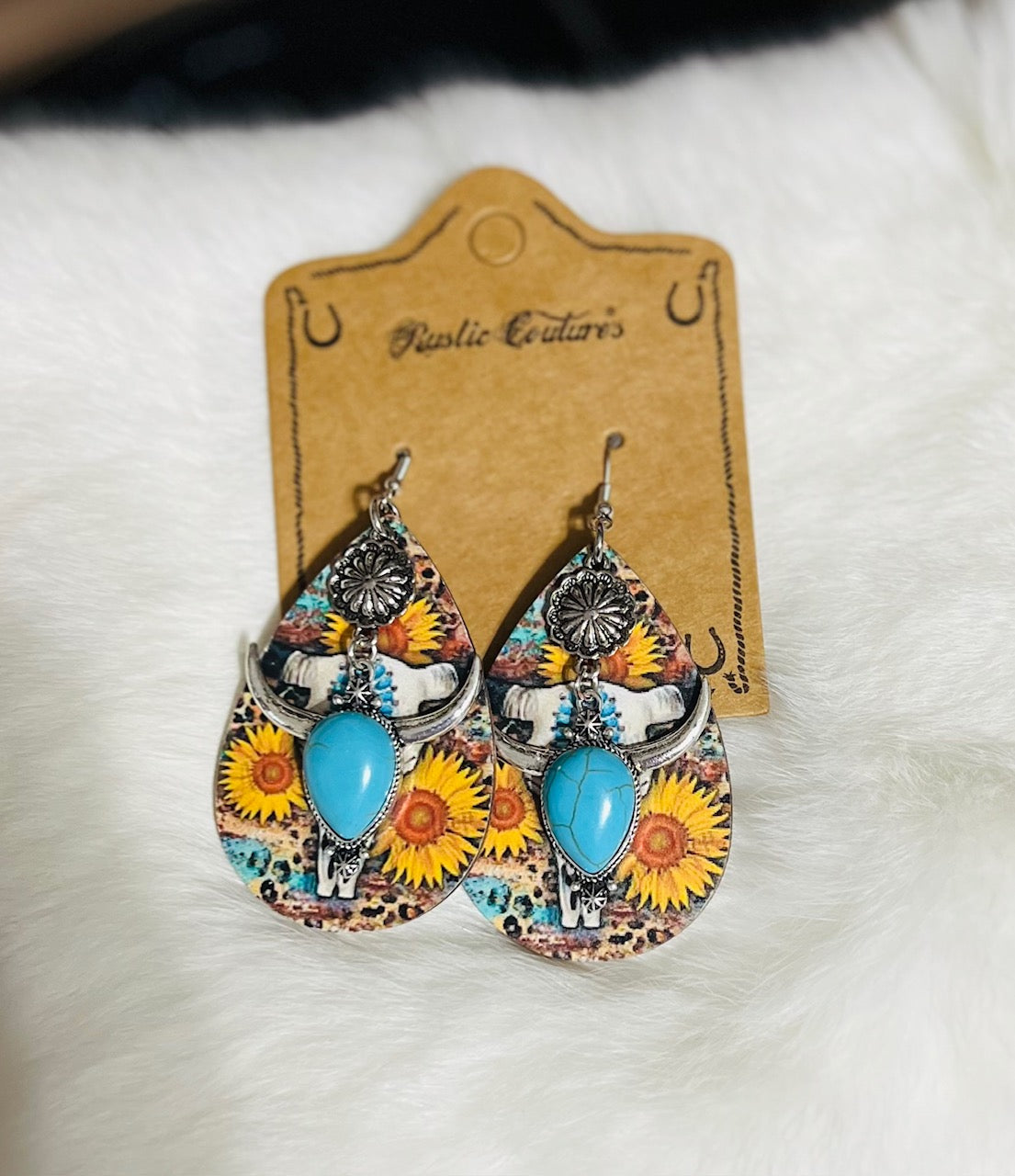 Hand Painted Sunflower and Bullhead Fashion Turquoise Stone Earrings Cedar Hill Country Market