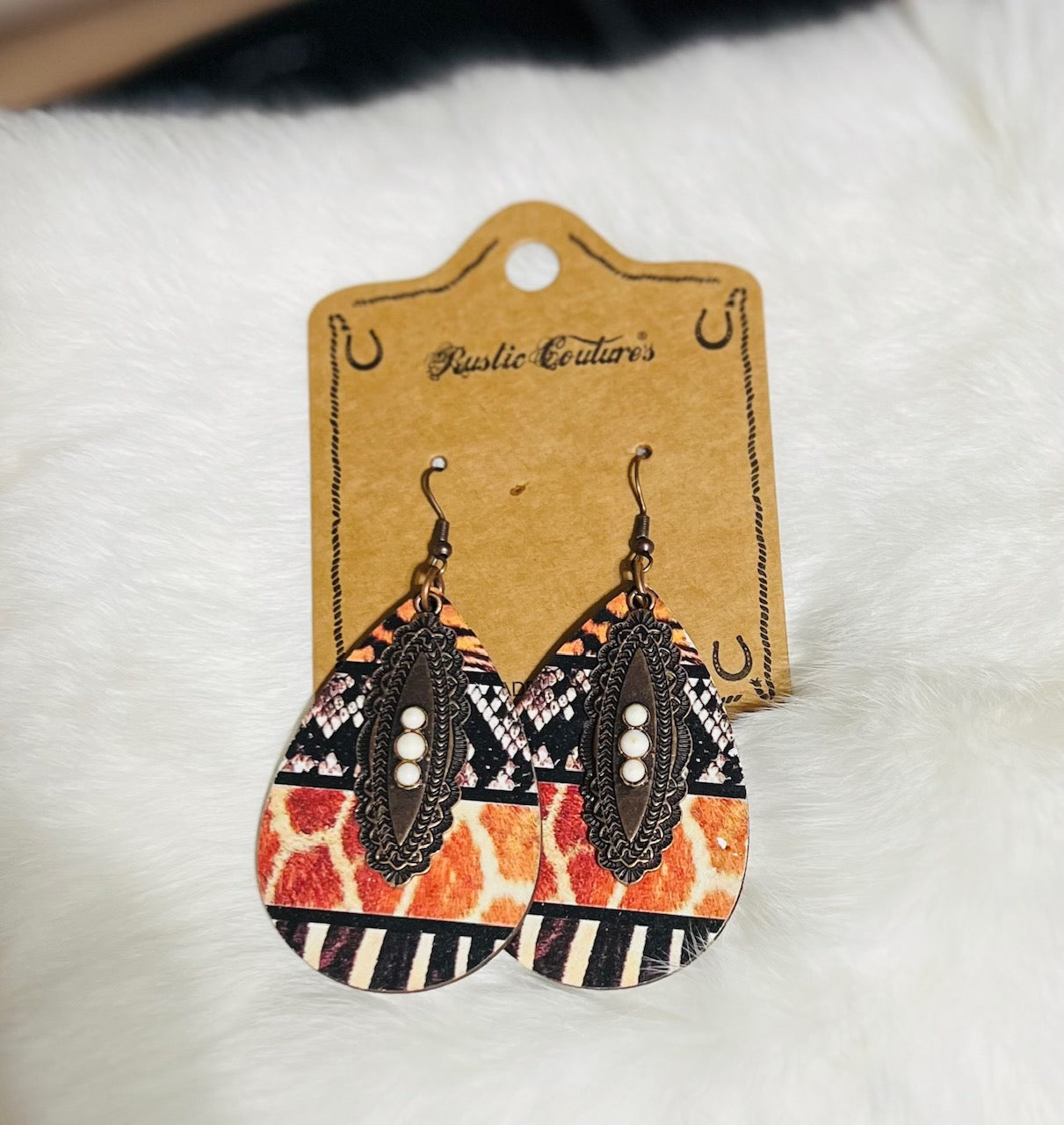 Wood Aztec and Bronze Stone Earrings Cedar Hill Country Market