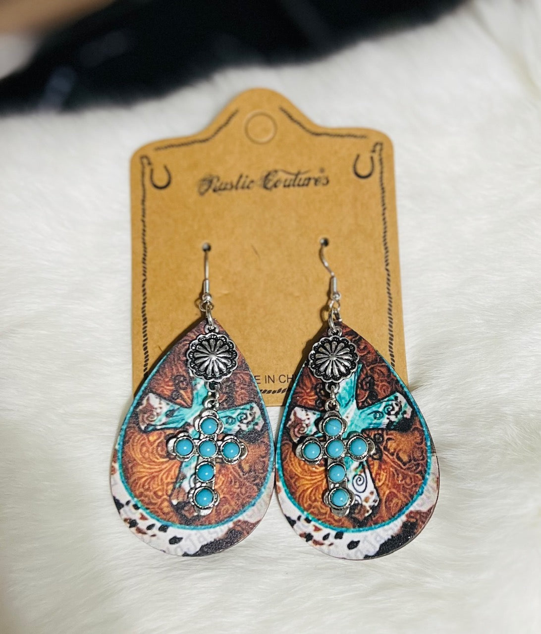 Hand Painted Cross and Turquoise Earrings Cedar Hill Country Market