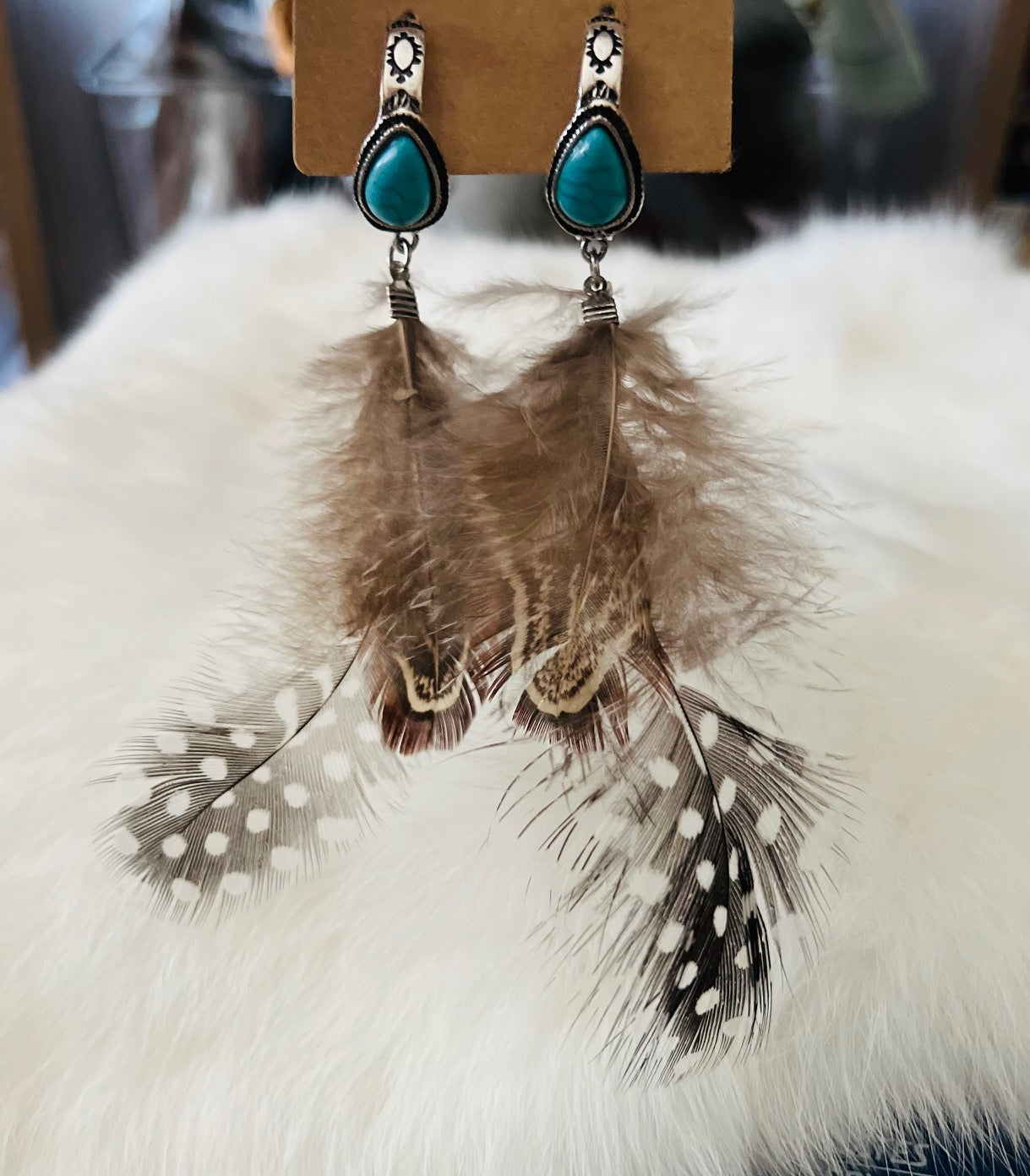 Fashion Turquoise and Quail Feather Mini Hoop Earrings Cedar Hill Country Market