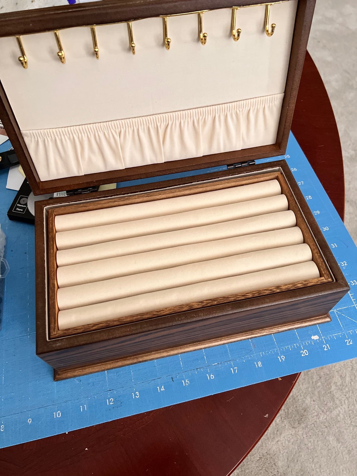 Vintage 1969 Solid Oak and Cream Cowhide Jewelry Storage Box Cedar Hill Country Market