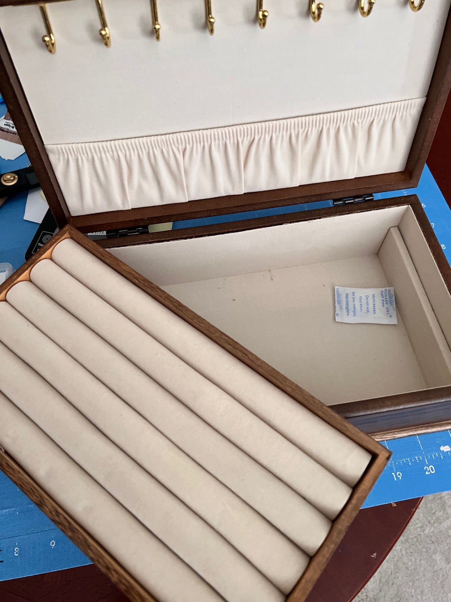 Vintage 1969 Solid Oak and Cream Cowhide Jewelry Storage Box Cedar Hill Country Market