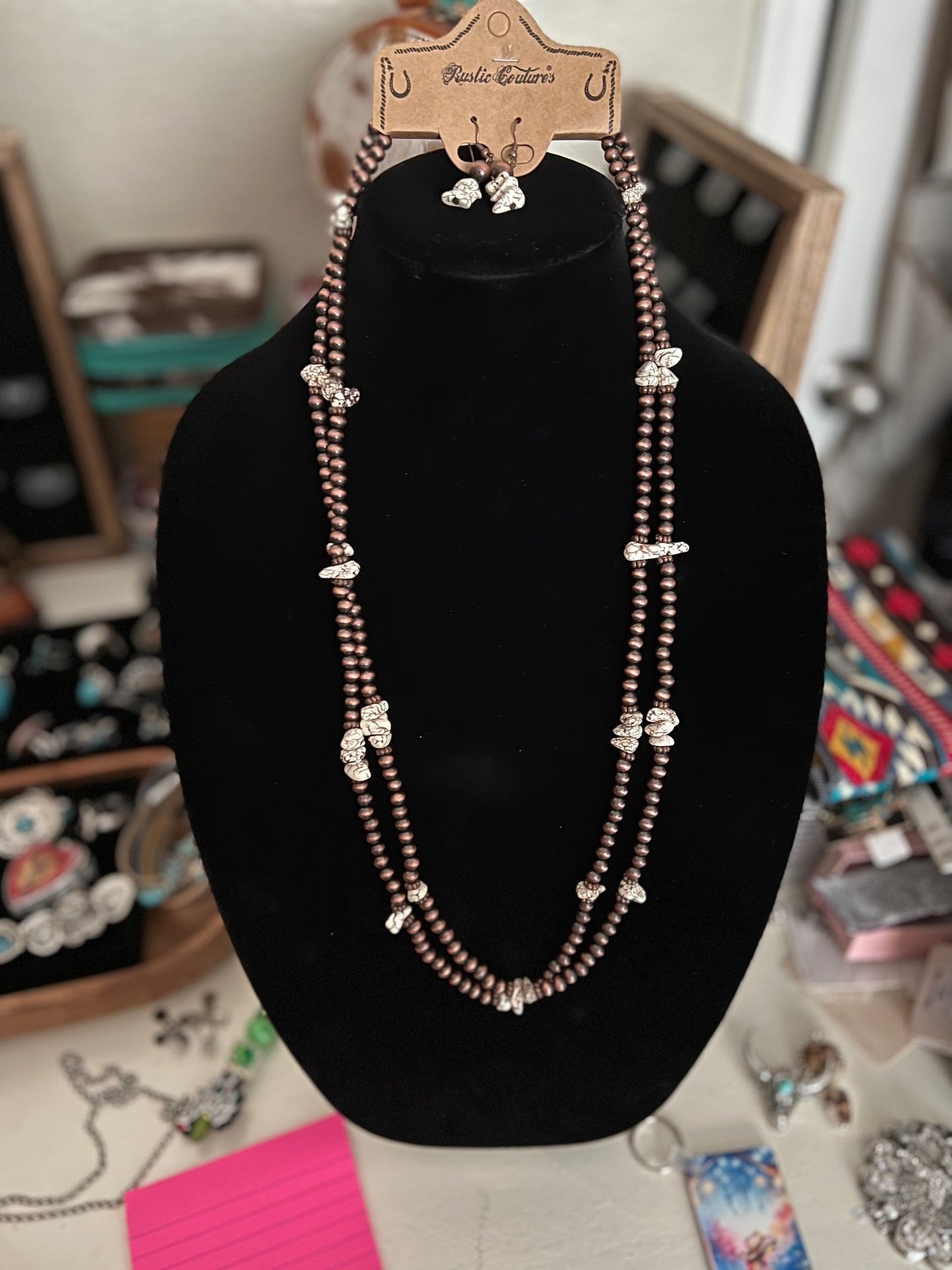 Navajo Inspired Double Layer Turquoise and Pearl Necklace Set Cedar Hill Country Market