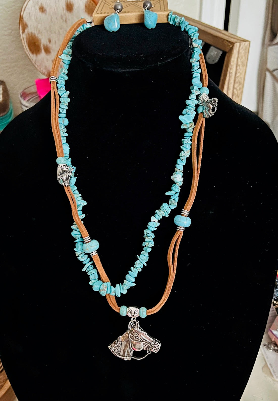 Chunky Turquoise and Horsehead Leather Strap Necklace Set Cedar Hill Country Market