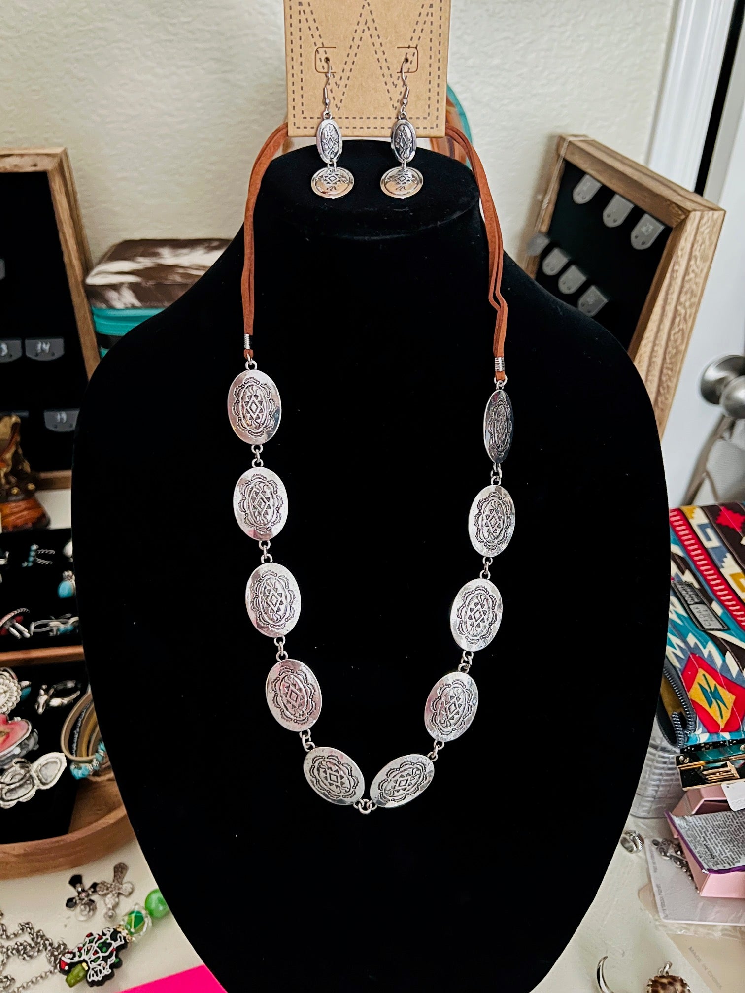 Silver Plated Concho and Leather Necklace Set Cedar Hill Country Market