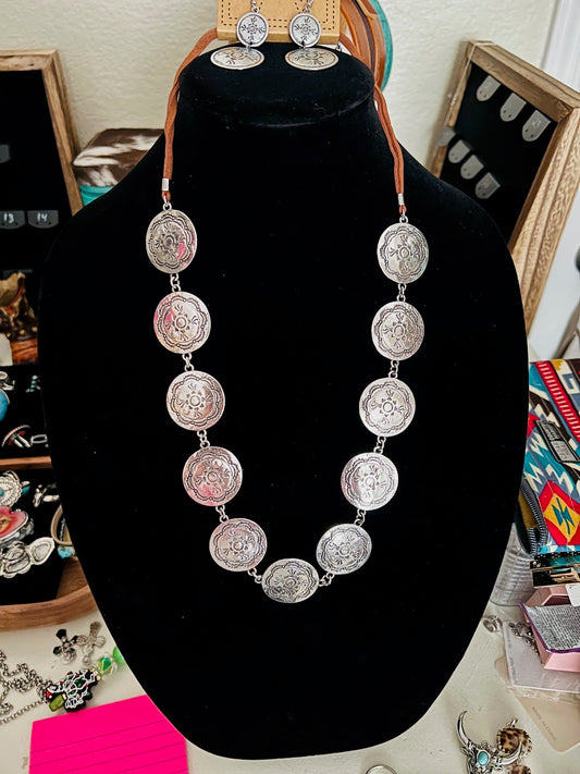 Silver Plated Concho and Leather Necklace Set Cedar Hill Country Market