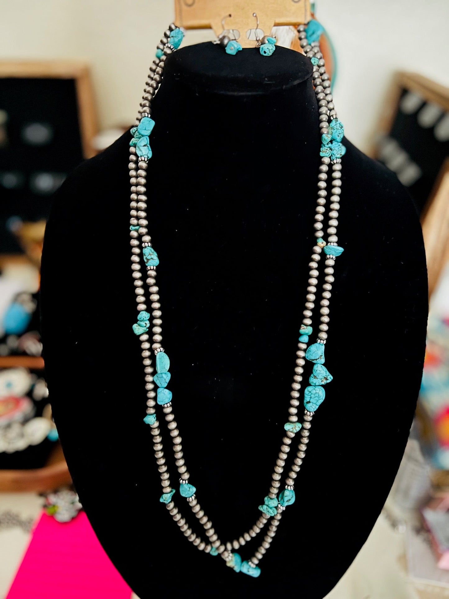 Navajo Inspired Double Layer Turquoise and Pearl Necklace Set Cedar Hill Country Market