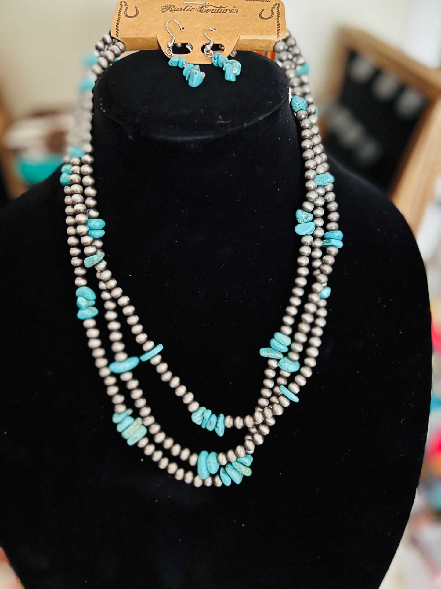 3 Layer Navajo Inspired Turquoise and Pearls Necklace Set Cedar Hill Country Market