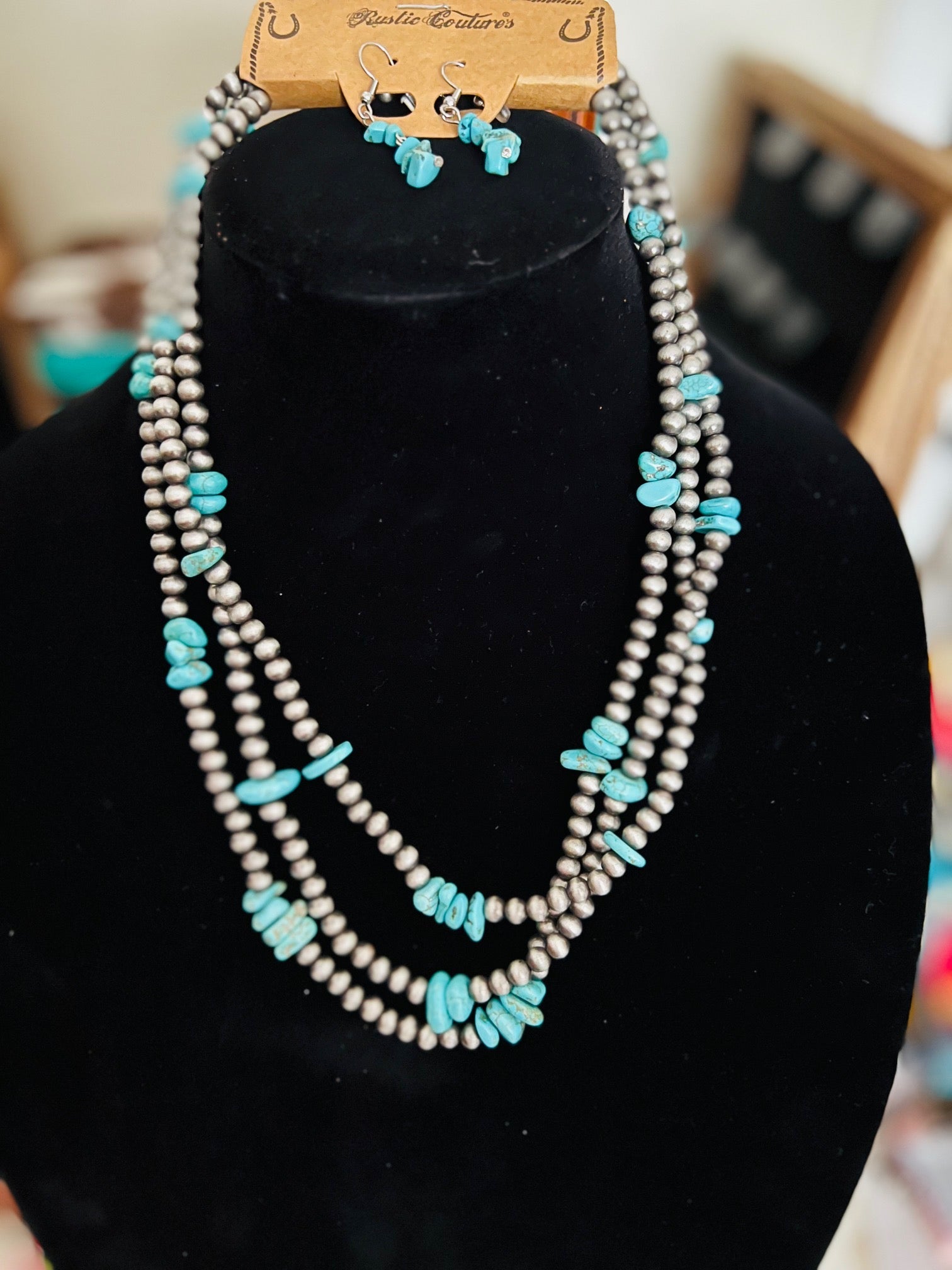 3 Layer Navajo Inspired Turquoise and Pearls Necklace Set Cedar Hill Country Market
