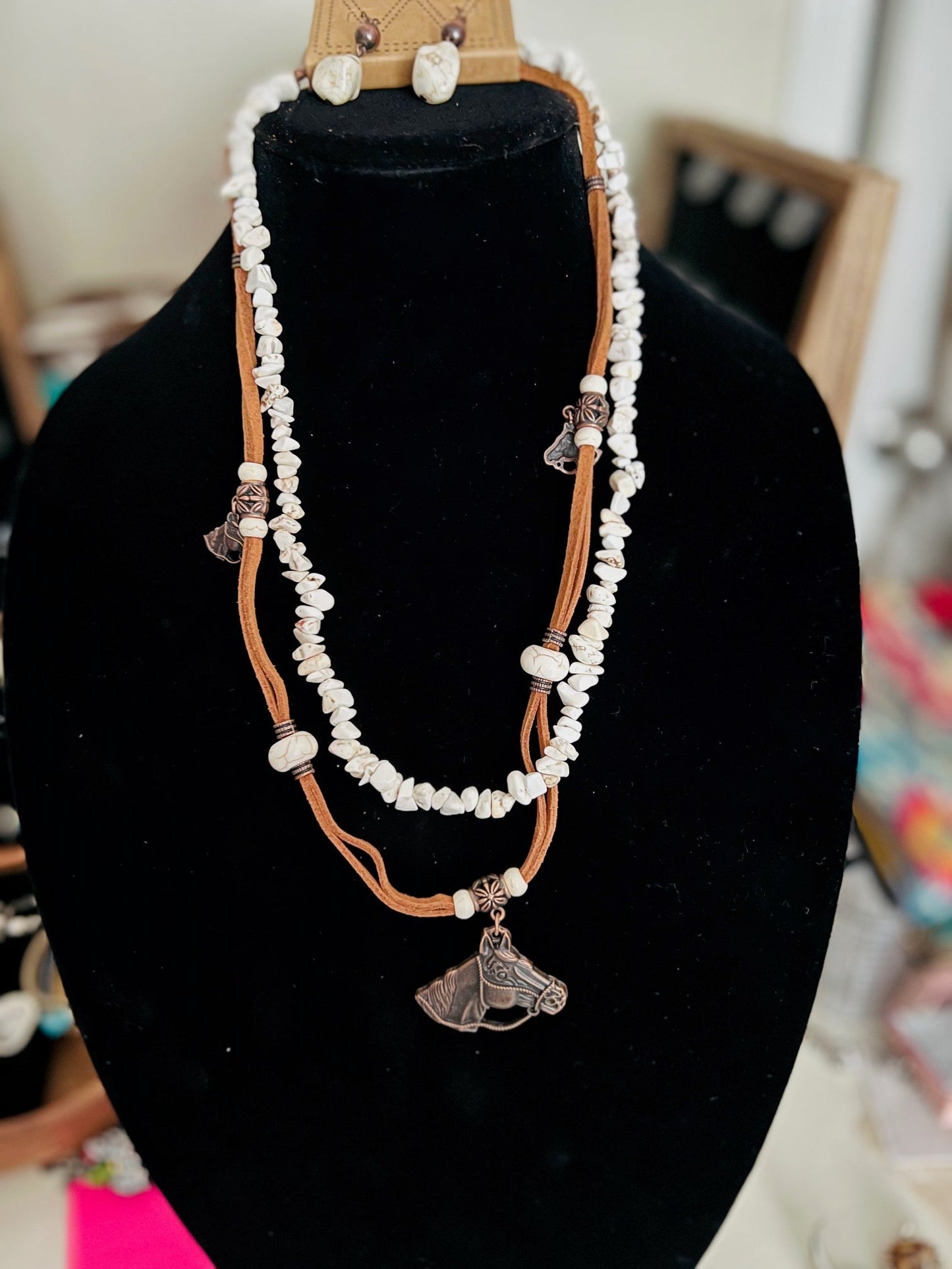 Chunky Turquoise and Horsehead Leather Strap Necklace Set Cedar Hill Country Market