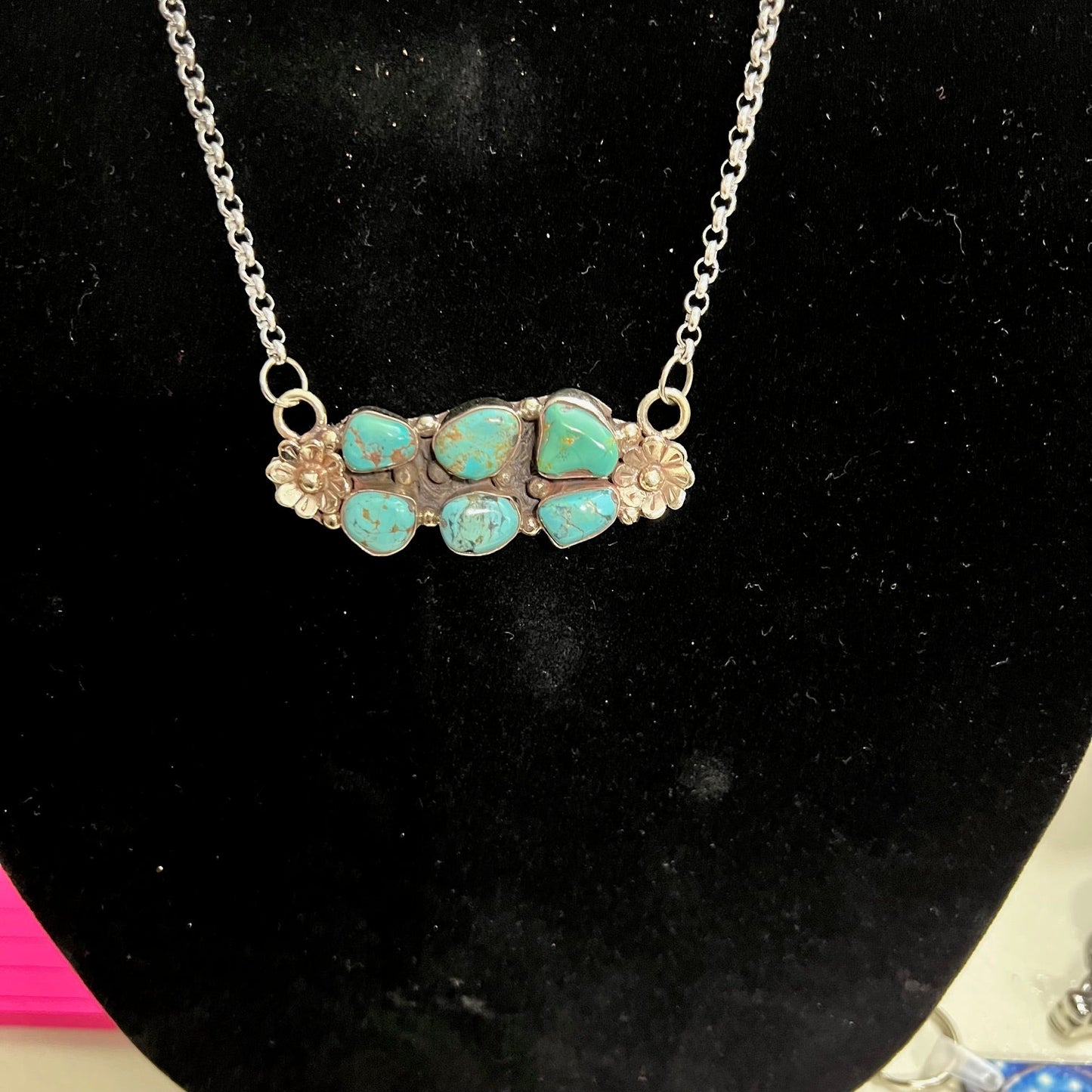 6 Stone Chunky Turquoise with Tibetan Flower Pendant on Sterling Chain Cedar Hill Country Market