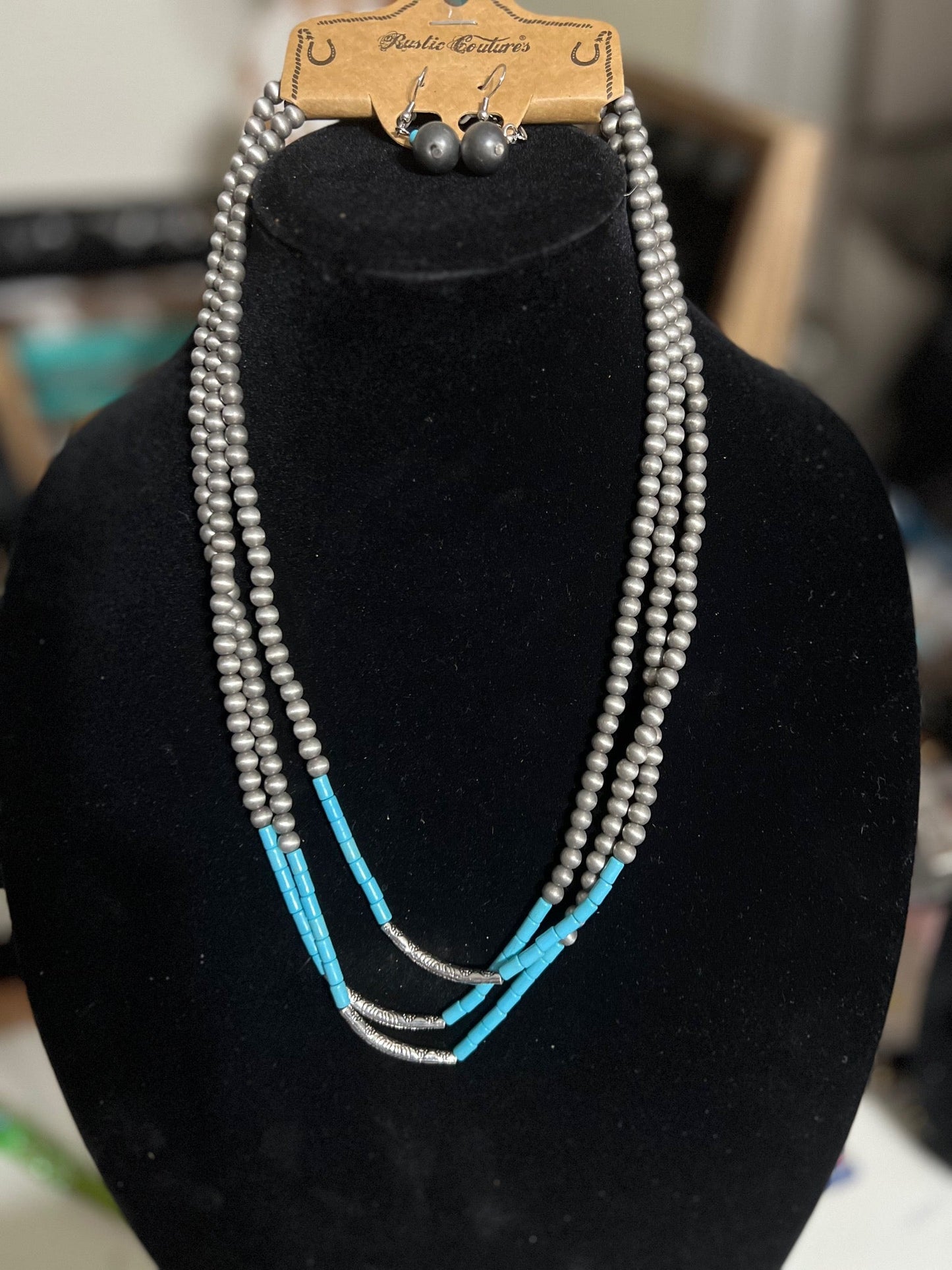 Rustic Couture's Native Inspired Fashion Turquoise Two Strand Necklace Set Cedar Hill Country Market